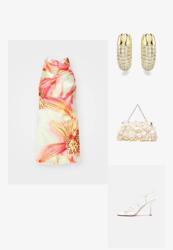 Lille roheline taustaga lilleline rinnahoidjaga kleit, millel on erksad roosa ja oranži värvi lilled, sile tekstuur ja elegantne langevus.; Valge rihmadega kõrge kontsaga sandaal, millel on lamedad varbatoed, tekstuuriga esiosa kogutud detailidega ja kitsas pahkluu rihm.; Valge lilleline käekott, millel on volditud kangapind, kuldne ahelakott ja metallist klamber. Omab tekstureeritud kroonlehti, mis lisab detailidele sügavust.; Kuldtooni kõrvarõngad silindrilise disainiga, millel on ümmargused selged kristallid, mis on paigutatud ruudustikku, ning läikiv viimistlus.