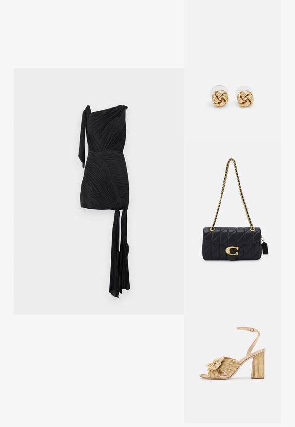 Vestido negro de un solo hombro con textura plisada, silueta ajustada y un lazo en la cintura. Tejido suave con caída fluida.; Sandalias doradas de tacón con un frente anudado, textura plisada y una correa en el tobillo. El tacón cuadrado tiene un diseño estriado que mejora la adherencia.; Bolso de mano negro acolchado con una correa de cadena dorada, que presenta un distintivo clasp dorado y una pequeña etiqueta, mostrando una superficie de cuero texturizada.; Pendientes de botón en tono dorado con un diseño retorcido. Cada pendiente cuenta con un respaldo circular transparente para una sujeción segura.