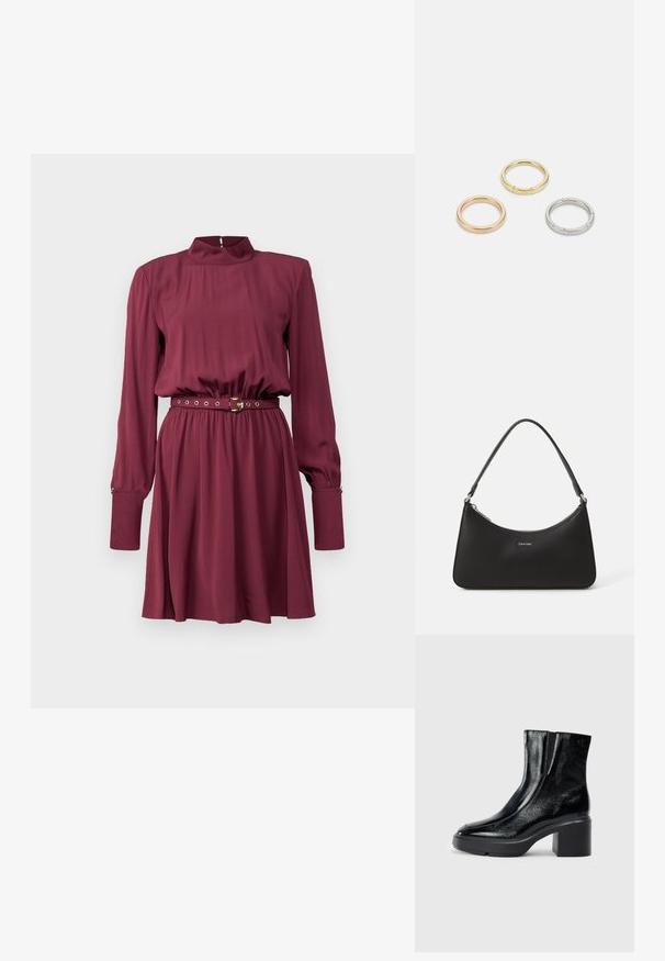 Burgunderrotes langärmliges Kleid mit hohem Kragen, tailliertem Schnitt und abnehmbarem Gürtel mit metallischen Akzenten sowie einem rüschigen Rock. Glatte Stofftextur.; Schwarze Lackleder-Stiefeletten mit einer geschwungenen Zehenpartie, elastischen Seiteneinsätzen und einem klobigen Blockabsatz. Mit geprägtem Logo auf der Rückseite.; Schwarze Ledertasche mit einer geschwungenen Form, schmalem Griff, silbernem Reißverschluss und Calvin Klein-Logo auf der Vorderseite. Glatte Textur und minimales Design.; Drei Metallringe: einer in Roségold, einer aus Gold mit strukturierten Akzenten und einer aus Silber, alle mit graviertem Branding auf dem inneren Band.