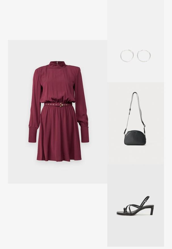 Burgunderrotes langärmliges Kleid mit hohem Kragen, tailliertem Schnitt und abnehmbarem Gürtel mit metallischen Akzenten sowie einem rüschigen Rock. Glatte Stofftextur.; Schwarze Sandale mit Riemchen, quadratischer Zehenform und niedrigem Blockabsatz. Verfügt über mehrere dünne Riemen und einen verstellbaren Knöchelriemen. Hergestellt aus glattem Leder.; Schwarze Leder-Umhängetasche mit runder Form, zwei verstellbaren Trägern und einem dezenten Logo auf der Vorderseite. Strukturierte Außenseite, minimalistisches Design.; Silberne Creolen mit einem schlanken, runden Design, das eine glatte Oberfläche und keine sichtbaren Verzierungen aufweist. Durchmesser nicht angegeben.