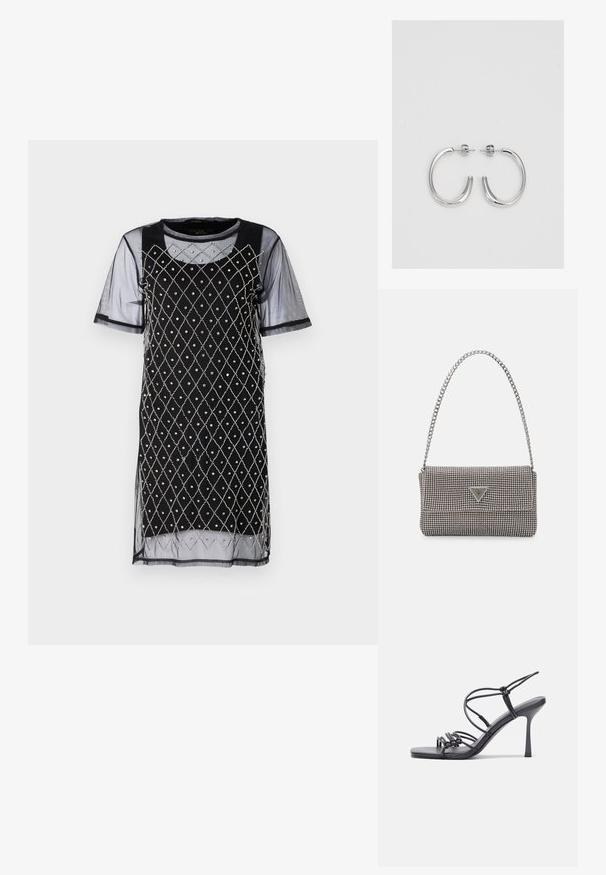 TWINSET ACTITUDE DRESS - Vestido de cocktail / Vestido de festa - black; As sandálias de salto alto pretas apresentam tiras finas com um design em nó, uma biqueira quadrada lisa e um elegante salto agulha.; Bolsa metálica cinza claro com uma alça de corrente, adornada com pequenos rebites metálicos circulares e um logótipo triangular da marca.; Brincos de argola prateados com um acabamento suave e brilhante. Forma arredondada, design leve, com fecho de pino.