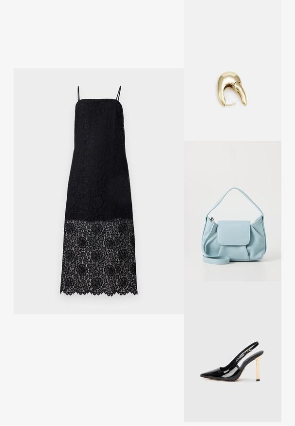 Abito in pizzo nero con spalline sottili, caratterizzato da intricati motivi floreali. L'orlo è ondulato, aggiungendo dettaglio al design del tessuto.; Scarpa con tacco alto a punta in pelle verniciata nera, con cinturino alla caviglia regolabile e dettaglio del tacco quadrato in tonalità oro.; Borsa a mano in pelle blu chiaro con manico superiore, tasca con pattina frontale e tracolla rimovibile su sfondo bianco.; Orecchino in metallo color oro con un design elegante e curvo. Presenta una forma appuntita distintiva, superficie lucida e chiusura a cerniera.
