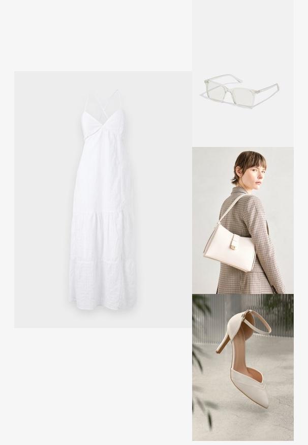 Rochie albă de vară cu bretele subțiri în cruce, cu un corset ajustat și un fusta stratificată și fluidă. Fabricată dintr-un material ușor, cu o textură subtilă.; Cumpărătură albă cu toc înalt, din material neted, cu vârf ascuțit și bretele pentru glezna. Dispune de un interior de culoare bej deschis și accente din metal aurit.; Ochelari de vedere cu rame pătrate din plastic transparent, dotate cu lentile translucide și accente aurii pe temple pentru un detaliu suplimentar.; Geantă de mână din piele albă cu un design structurat, având o închidere magnetică și un breteau, expusă pe un fundal neutru.