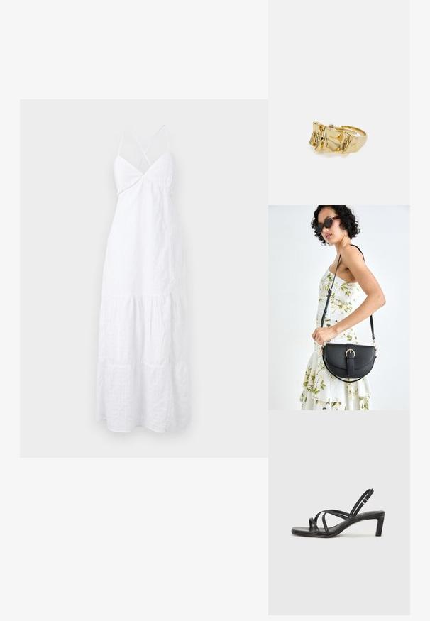 Valge suvekleit õhukeste ristatud rihmadega, sobiva bodi ja kihilise, voolava seelikuosa. Valmistatud kergest kangast, millel on peen tekstuur.; Mustast rihmajalatsid ruudukujulise varba ja madala ploki kontsaga. Omab mitmeid õhukesi rihmasid ja reguleeritavat pahkluu rihma. Valmistatud siledast nahast.; Mustmust mustraha kõverate joontega, eemaldatava rihmaga ja kuldsete detailidega. Kotil on klapp, millel on pandladetail.; Kuldne sõrmus tekstureeritud, lainelise disainiga, millel on kolm silmapaistvat tippu. Sile, läikiv pind ja avatud riba, mis võimaldab reguleeritavat sobivust.