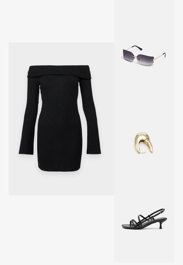 Melna ribota adīta kleita ar atvērtām plecu locītavām, garām piedurknēm, pieguļošu piegriezumu un strukturētu audumu. Minimalistisks dizains, bez redzamām aizdares detaļām.; Melni papēžu sandales ar vairākiem krustveida siksnām. Gluda materiāla, norādīta purngala un šaura papēža. Regulējama potītes siksna ar sprādzīti.; Saulesbrilles ar pelēko gradienta lēcu, zelta metāla rāmi un melnām plastmasas detaļām. Unikāli tauriņa formas lēcas ar plānām kājām.; Zeltīti metāla auskari ar gludu, izliekta dizaina. Ar atšķirīgu smailu formu, pulētu virsmu un eņģu aizdari.