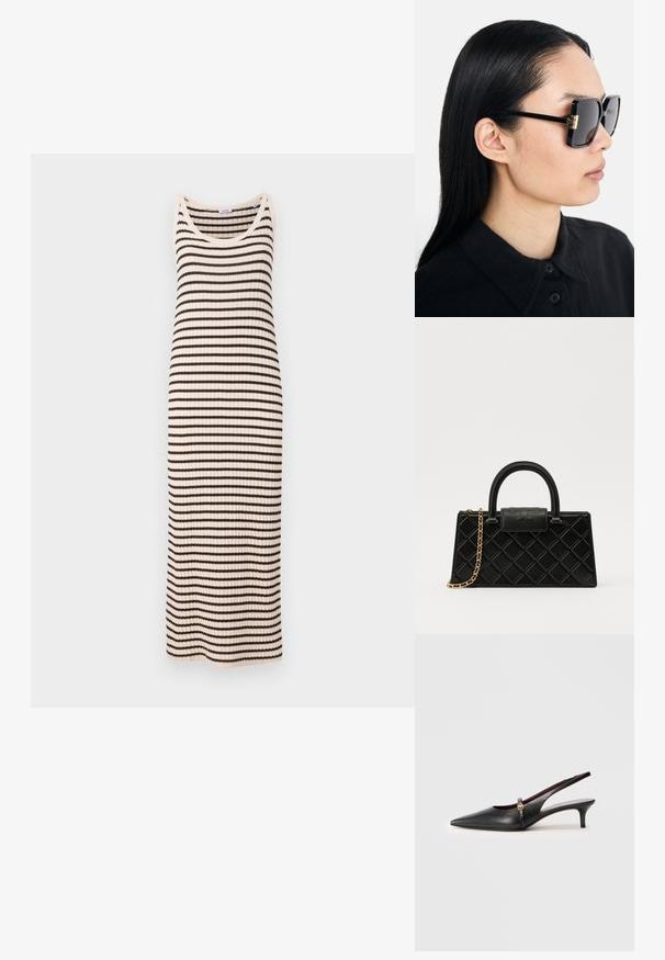 ASPESI Robe de jour - multi coloured; Escarpin noir en cuir avec un bout pointu, un talon fin et un accent doré près de la sangle de la cheville. Texture lisse et design épuré.; Tory Burch Lunettes de soleil - black/dark grey; Sac à main noir en cuir texturé, avec un motif en diamant, une sangle en chaîne dorée, et une poignée supérieure avec un rabat à fermeture logotypée.