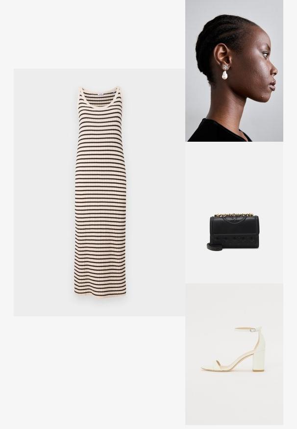 ASPESI Freizeitkleid - multi coloured; Weißes Leder-Sandale mit Blockabsatz, die ein Knöchelriemen mit einer Schnalle und ein minimalistisches Design aufweist. Offene Zehen und glatte Texturen im gesamten Design.; Schwarze Lederhandtasche mit einem gesteppten Design. Sie verfügt über einen goldenen Kettenriemen und einen Klappenverschluss, der ein auf der Vorderseite eingeprägtes Logo zeigt.; Tory Burch STAR DROP EARRING - Ohrringe - silver-coloured