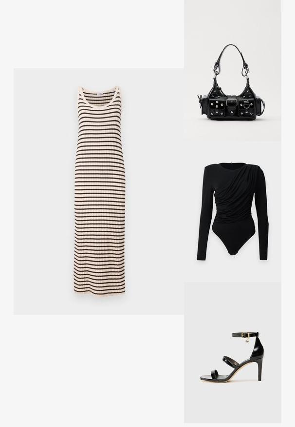 ASPESI Vestito casual - multi coloured; Body nero a maniche lunghe con drappeggio arricciato asimmetrico sulla parte anteriore e chiusure a pressione all'inguine.; Sandalo in pelle verniciata nera con tre cinturini, fibbia alla caviglia e tacco a stiletto di 10 cm. Presenta dettagli in hardware dorato e un charm con logo.; Borsa a mano in pelle nera con design curvo, caratterizzata da borchie argentate, una fibbia e due tasche laterali. Tracolla regolabile per diverse opzioni di trasporto.