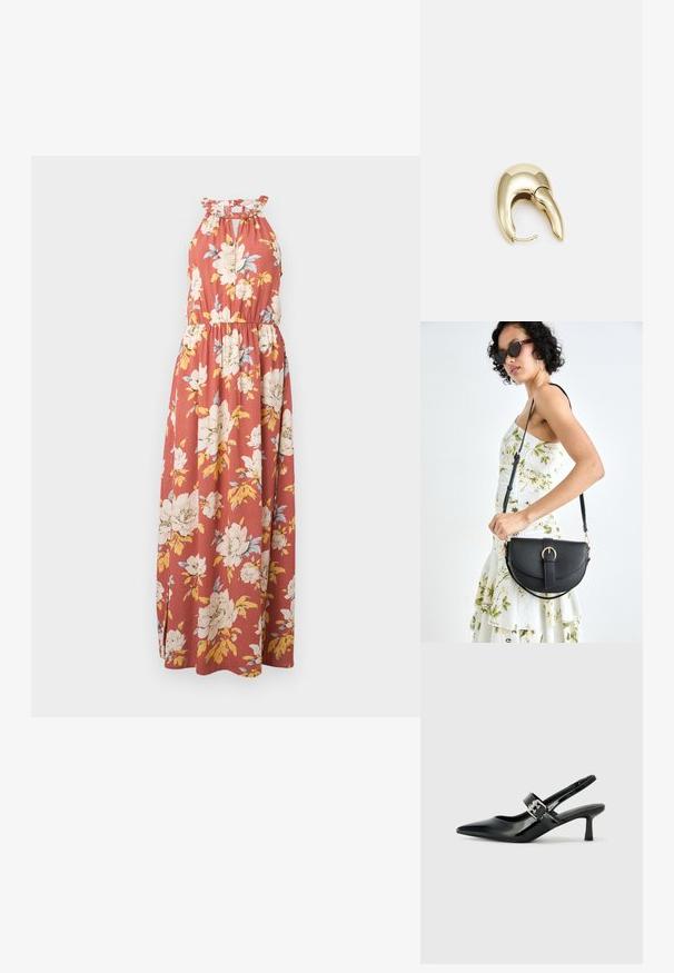 Rochie maxi de culoare ruginie cu imprimeu floral alb și galben. Prezintă un decolteu halter cu margine fronsată și un brâu elastic pentru un fit confortabil.; Sandale cu toc din piele patent neagră, cu vârful ascuțit și un toc mic bloc, având un accent cu cataramă argintie pe curea.; Geantă din piele neagră, cu o formă curbată, curea detașabilă și accesorii aurii. Geanta are un capac cu un detaliu tip cataramă.; Cercei din metal de culoare aurie cu un design elegant și curbat. Prezintă o formă distinctivă, ascuțită, o suprafață lustruită și un sistem de închidere cu balama.