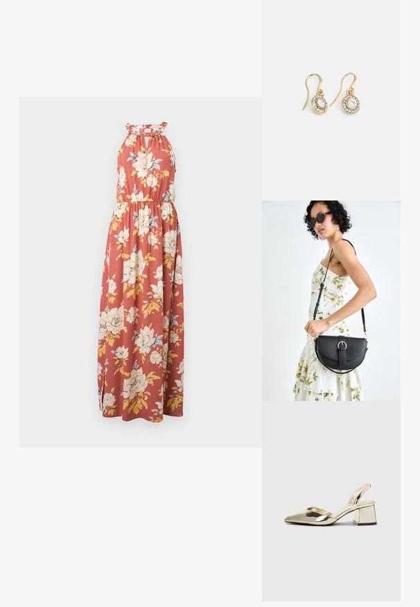 Rudai suknelė su baltais ir geltonais gėlių raštais. Suknelėje yra kaklo juosta ir volanų apdaila bei elastinga juosmens juosta, užtikrinanti tinkamą prigludimą.; Auksiniai, metaliniai slingback aukštakulniai bateliai su smailiu pirštu ir masyviu kulnu. Lygus paviršius, minimalizmo dizainas ir siaura juostelė.; Juodas odinis krepšys su išlenkta forma, nuimamu dirželiu ir auksiniais detalėmis. Krepšys turi kilpą su sagtimi.; Aukso spalvos auskarai su ovalo formos skaidriais kristalais, apjuostais mažesniais skaidriais akmenukais, su kabliuko dizainu, užtikrinančiu saugų dėvėjimą.