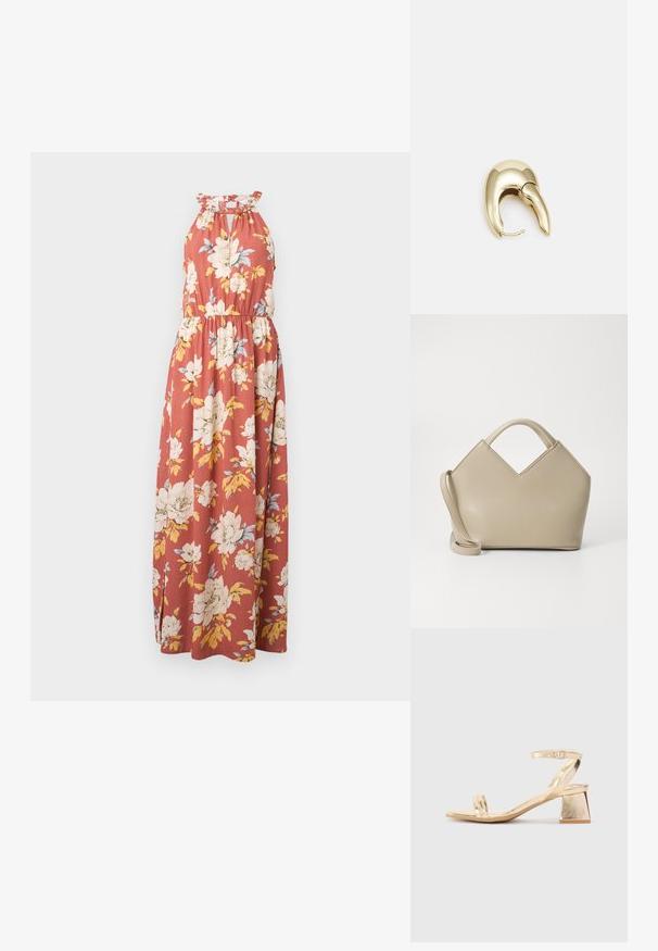 Maxi haljina u rust boji s bijelim i žutim cvjetnim uzorkom. Ima halter dekolte s naboranim rubom i elastičnu strukicu za bolje prilagođavanje.; Zlatne metalne sandale na petu s kutnim blok petom, dva remenska traka preko stopala i podesivim remenom oko gležnja. Glatka tekstura.; Bež torba sa strukturom i V-oblikovanim vrhom, napravljena od glatke kože, sa kratkim drškama i dugim podesivim remenom. Minimalistički dizajn.; Zlatne metalne naušnice s elegantnim, zakrivljenim dizajnom. Imaju karakterističan šiljast oblik, poliranu površinu i zatvaranje na šarku.