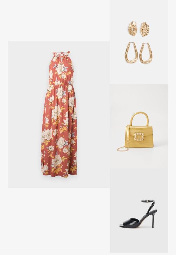 Maxikjole i rust med hvit og gul blomstermønster. Har halterneck med volangkant og elastisk liv for god passform.; Svart patentlær høyhælte sandal med åpen tå, tynn stiletto hæl og ankelstropp med gullspenne på hvit bakgrunn.; Gul faux-krokodille veske med en strukturert design, toppen håndtak, avtagbar kjede stropp, og dekorativ krystallbortsettelse på låsen.; Gullfargede øredobber med teksturerte, bølgete former. Inkluderer skulpturelle klipsstuds og åpen hoop-design med en hamret finish.