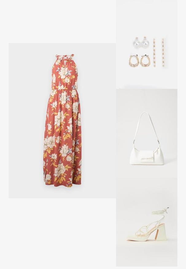 Rozsdabarna maxi ruha fehér és sárga virágmintával. Jellemzője a pánt nélküli nyakú kivágás fodros díszítéssel, valamint rugalmas derékpánt a megfelelő illeszkedés érdekében.; Fehér, magassarkú szandál vastag sarokkal, pántos dizájnnal és bokapánttal. Sima textúra, elülső platformmal a megnövelt magasság érdekében.; Fehér szintetikus kézitáska, háromszög alakú, lapos előlap, masni részlettel, állítható pánttal, sima textúrával és minimalista dizájnnal.; Három fülbevalópár: nagy fehér gyöngy fülbevalók, arany karika fülbevalók, tiszta drágakövekkel, és két hosszú, egyenes arany akcentus fülbevaló csillogó részletekkel.