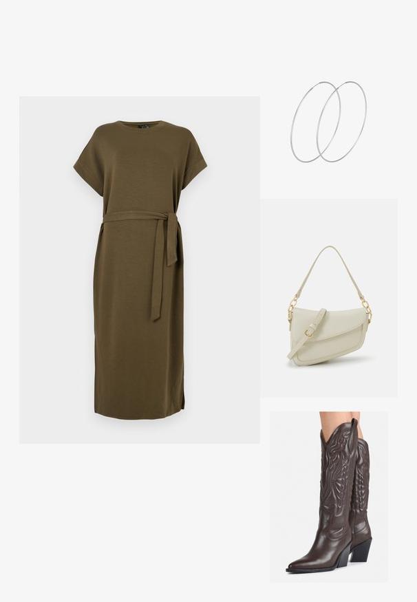 Olivově zelené šaty po kolena z měkké tkaniny s krátkými rukávy a páskem ze stejného materiálu v pase. Obsahují postranní rozparky pro snadný pohyb.; Hnědé kožené kovbojské boty s špičatou špičkou a blokovým podpatkem, se zdobným prošíváním a vyvýšenými akcenty na nárazu.; Malá krémová kabelka s texturovaným povrchem, dlouhým nastavitelným popruhem, řetízkovým akcentem a klopou. Ozdobné detaily zlaté barvy.; Stříbrné kruhové náušnice s minimalistickým designem. Kruh, hladký povrch a tenký profil. Lehká konstrukce s lesklým povrchem.