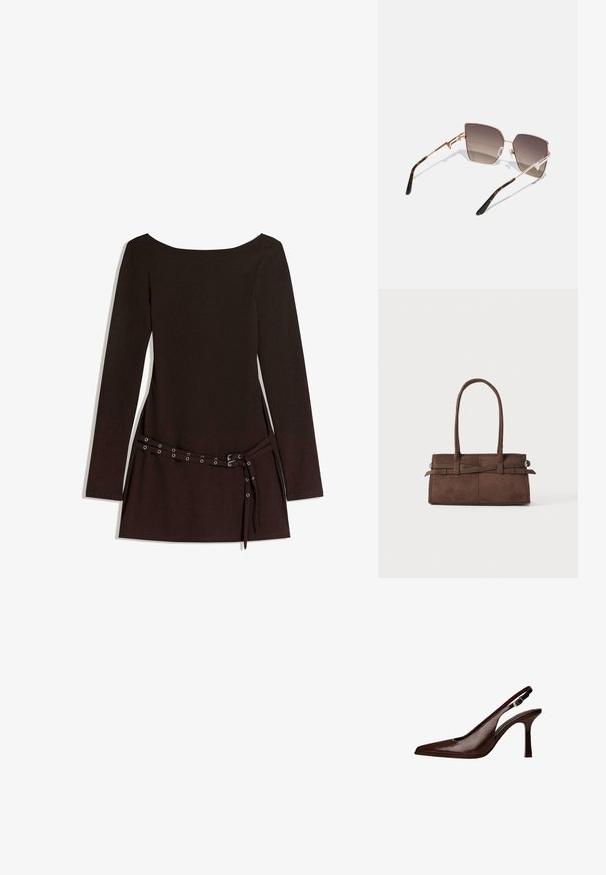 Schwarzes langärmliges Kleid mit weit ausgeschnittenem Hals, ausgestattet mit einem taillierten Bund mit Metallösen und einer glatten Stoffoberfläche.; Braune Leder-Slingback-Pumps mit spitzer Zehenform und dünnem Absatz. Sie verfügen über eine kleine Akzent-Schnalle am Riemen und eine glänzende Oberfläche.; Sonnenbrille mit einem rahmen aus roségoldfarbenem Metall, kantigen Gläsern, die von dunkelbraun nach hellbraun verlaufen, und einem Schildpattmuster an den Bügeln.; Braune Wildleder-Handtasche mit zwei stabilen Griffen, rechteckiger Form und dekorativem Riemen-Detail an der Vorderseite.