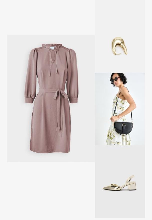 Fialová šaty s volánovým golierom, viazaním na krku a trojštvrťovými puff rukávmi. Obsahuje zodpovedajúci pás z látky a textúrovanú tkaninu.; Zlaté kovové lodičky na podpätku so špicatou špičkou a robustným podpätkom. Hladký povrch, minimalistický dizajn a úzka remienok.; Čierna kožená kabelka s zaobleným tvarom, odnímateľným popruhom a zlatými doplnkami. Kabelka má klopu s detailom s prackou.; Náušnice z kovu v zlatej farbe s elegantným, zakriveným dizajnom. Majú charakteristický špicatý tvar, leštený povrch a uzáver na pánt.