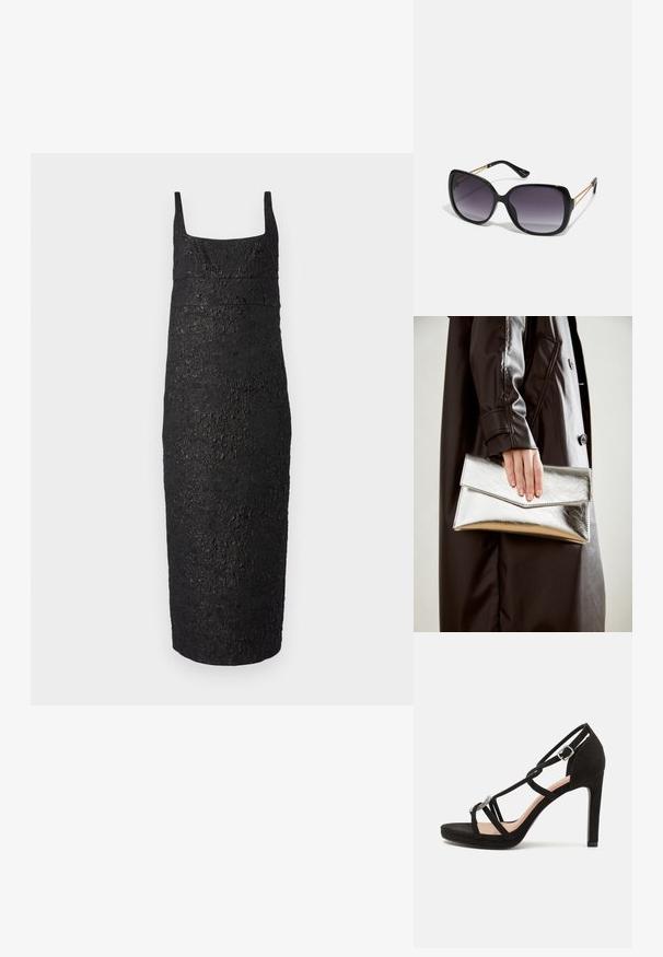 Vestido preto sem mangas com decote quadrado, forma justa, tecido texturizado que se assemelha a casca, e comprimento até aos joelhos.; Sandal de salto alto em camurça preta com tiras entrelaçadas, um detalhe decorativo em tom prateado e uma sola plataforma para maior altura.; Óculos de sol oversized pretos com lentes degradê, armações grossas e detalhes em corrente dourada nas hastes.; Clutch metálica prateada com um design de envelope angular, textura suave e cor interior contrastante, segurada numa mão que veste um casaco preto.
