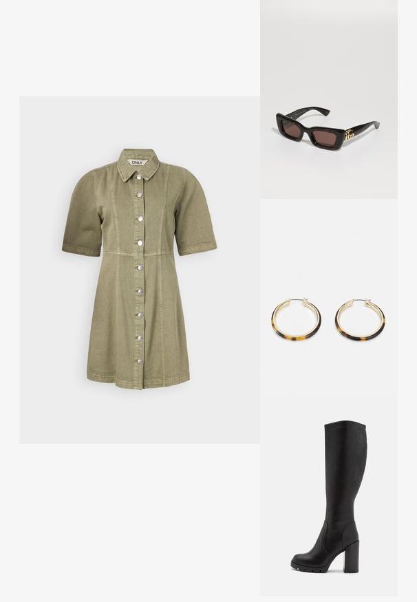 Kratke rokave, olivno zelena jeans obleka s sprednjim gumbom, ovratnikom in vertikalnim šivom. Gladka tekstura in oblikovan pas.; Črne škornje do kolen, izdelane iz gladkega materiala, z masivnim blokovim petam, zaobljenim nosom in diskretnimi šivi.; Črne želvje sončne očala s pravokotnimi lečami, rjavim odtenkom, debelim okvirjem in zlatim dvojnega G logotipom na obročku.; Zlato-tonirane obročeve uhane s zunanjim robom iz smole s školjčnim vzorcem, ki se ponašajo z gladko površino in elegantno, krožno obliko.