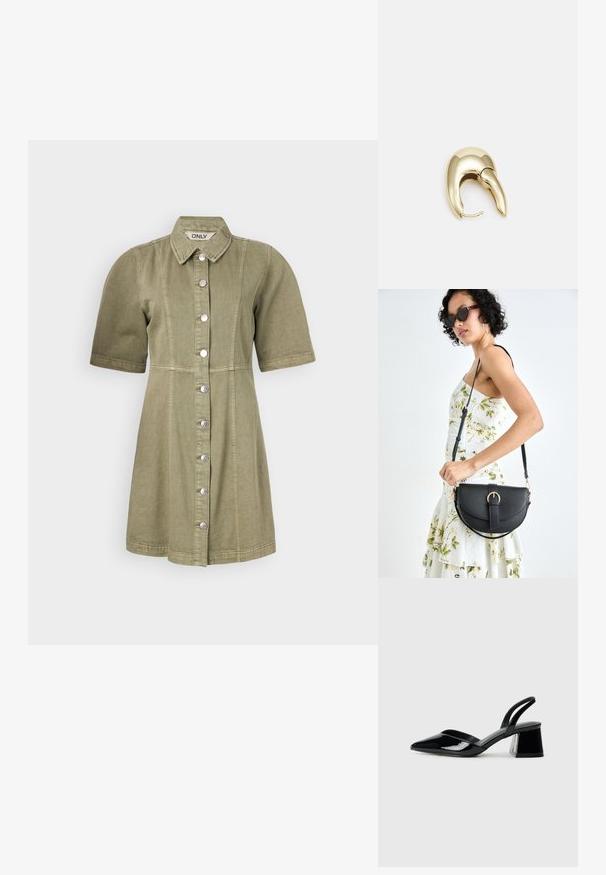 Krátky rukáv, olivovo zelené denimové šaty s gombíkmi vpredu, golierom a vertikálnym prešívaním. Hladká textúra a strih s priliehavým pásom.; Čierne lakované kožené sandálové podpätky s špicatou špičkou a geometrickým blokovým podpätkom. Disponujú elegantným, minimalistickým dizajnom a hladkým povrchom.; Čierna kožená kabelka s zaobleným tvarom, odnímateľným popruhom a zlatými doplnkami. Kabelka má klopu s detailom s prackou.; Náušnice z kovu v zlatej farbe s elegantným, zakriveným dizajnom. Majú charakteristický špicatý tvar, leštený povrch a uzáver na pánt.
