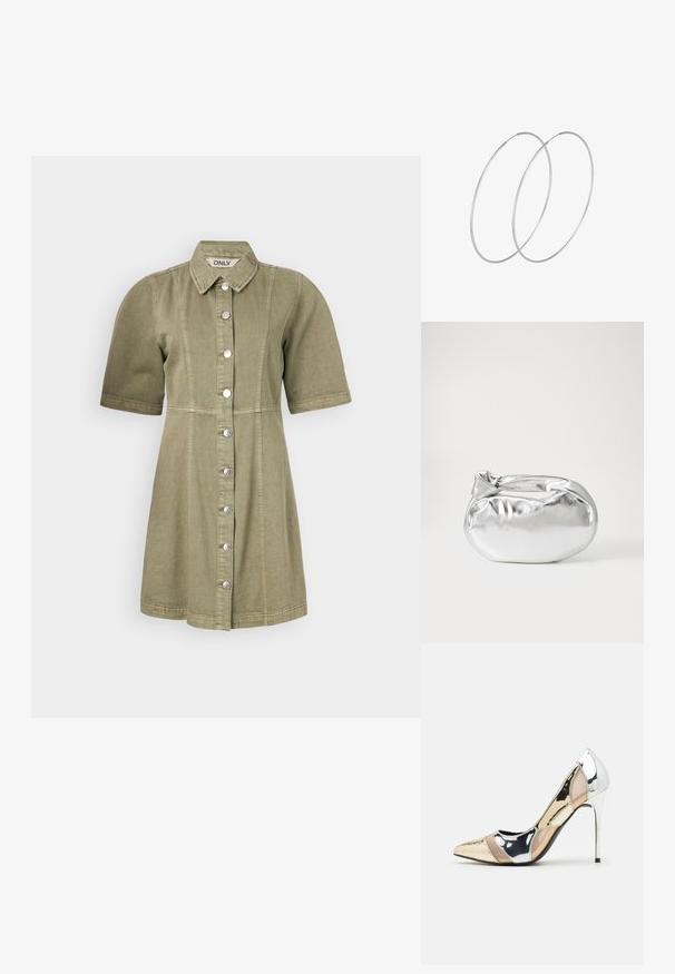 Lühikeste käistega oliivroheline denimpäevik, millel on nööpidega esiosa, krae ja vertikaalne õmblus. Sile tekstuur ja lühikese vöökohtadega disain.; Kitsas toe kõrge kontsaga kingad, millel on hõbedane, kuldne ja nude värvilahendus. Läikiv viimistlus lõikekujundusega, stiletto konts.; Hõbedane metallikoti kott pehme, ümar kuju ja sõlme ülemise sulgemisega. Valmistatud siledast kunstnahast materjalist.; Hõbedased rõngastikkaehingad minimalistlikus disainis. Ümar kuju, sile tekstuur ja õhuke profiil. Kerged ning poleeritud viimistlusega.