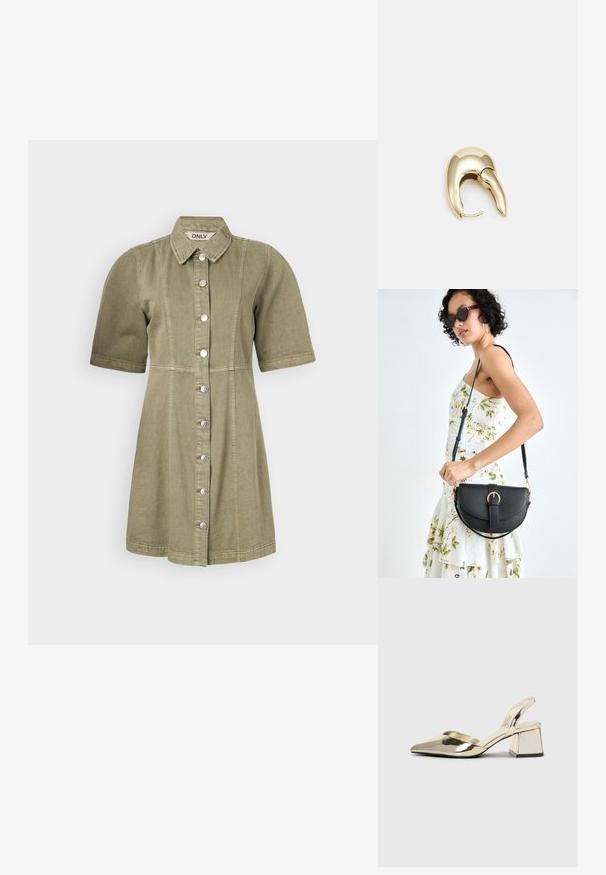Krátky rukáv, olivovo zelené denimové šaty s gombíkmi vpredu, golierom a vertikálnym prešívaním. Hladká textúra a strih s priliehavým pásom.; Zlaté kovové lodičky na podpätku so špicatou špičkou a robustným podpätkom. Hladký povrch, minimalistický dizajn a úzka remienok.; Čierna kožená kabelka s zaobleným tvarom, odnímateľným popruhom a zlatými doplnkami. Kabelka má klopu s detailom s prackou.; Náušnice z kovu v zlatej farbe s elegantným, zakriveným dizajnom. Majú charakteristický špicatý tvar, leštený povrch a uzáver na pánt.