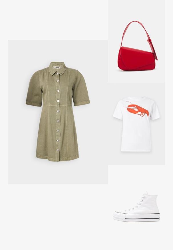 Krótkie rękawy, oliwkowa sukienka dżinsowa z guzikami z przodu, kołnierzykiem i pionowymi szwami. Gładka faktura i dopasowany krój w talii.; Biała bawełniana koszulka z dużą, jasnoczerwoną grafiką homara na przodzie. Krótkie rękawy i standardowy okrągły dekolt.; Białe wysokie trampki z płótna z czarną gumową podeszwą, przednim czubkiem z gumy i sześcioma dziurkami na sznurowadła, charakteryzujące się prostym, minimalistycznym designem.; Czerwona skórzana torebka o kanciastym, geometrycznym designie. Posiada jedną regulowaną rączkę oraz zapięcie na klapę z przeszyciami.