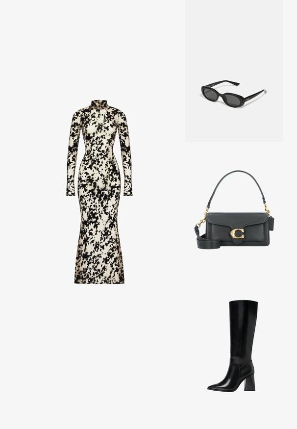 Pitkähihainen, vartalonmyötäinen mekko, joka on valmistettu sileästä kankaasta ja jossa on musta ja kerma Abstrakti kuvio, korkea kaulus ja levenevä helma.; Polvisuoju mustat nahka-saappaat teräväkärkisillä, sileillä pinta-aloilla ja tukevalla uritetulla korolla vakauden saavuttamiseksi. Tyylikäs muotoilu, jossa on minimaaliset yksityiskohdat.; Mustat aurinkolasit, joissa on soikeat linssit, kiiltävä muovikehys ja kapeat varret. Sivussa on valkoinen Ray-Ban-logo.; Mustapahalla varustettu käsilaukku, jossa on kultaiset yksityiskohdat, allekirjoitusklipsi, irrotettava olkahihna ja teksturoitu pinta.