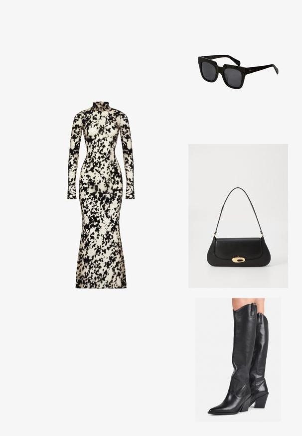 Dlouhý rukáv, přiléhavé šaty vyrobené z hladké látky, se černo-krémovým abstraktním vzorem, vysokým límcem a rozšířeným lemem.; Černé kožené vysoké boty po kolena s špičatou špičkou, zakřiveným svrškem a robustním podpatkem. Mají hladkou texturu a poutka na vrchu.; Černé obdélníkové sluneční brýle s širokými plastovými obroučkami a tmavými skly. Stranice jsou štíhlé s lesklým povrchem a minimálním označením značky.; Černá kožená kabelka s zakřiveným designem, zlatými akcenty a horním uchem. Vybavena elegantním zavíráním a hladkým povrchem.