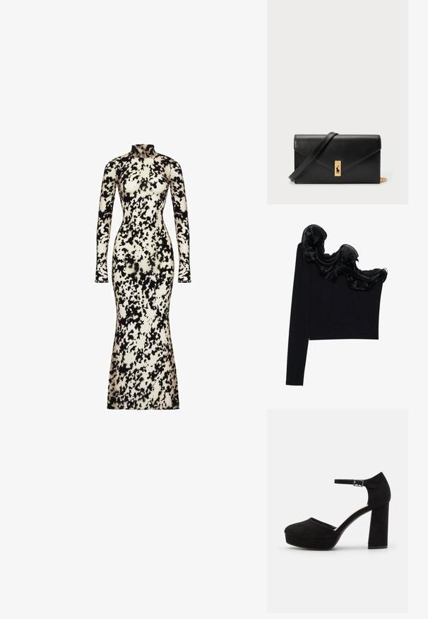 Długa, dopasowana sukienka z długim rękawem, wykonana z gładkiego materiału, w czarno-kremowy abstrakcyjny wzór, z wysoką szyją i rozkloszowanym dołem.; Czarna bluzka na jedno ramię z falbaną z przezroczystego materiału wzdłuż dekoltu, wykonana z lekkiego materiału o gładkiej fakturze.; Czarne zamszowe szpilki na platformie z grubym słupkowym obcasem, zaokrąglonym noskiem i paskiem wokół kostki zabezpieczonym metalowym klamrem. Gładka faktura na całej powierzchni.; Czarny skórzany portfel z klapą, złotą okuciami, z akcentem logo. Zawiera odpinany pasek do noszenia.
