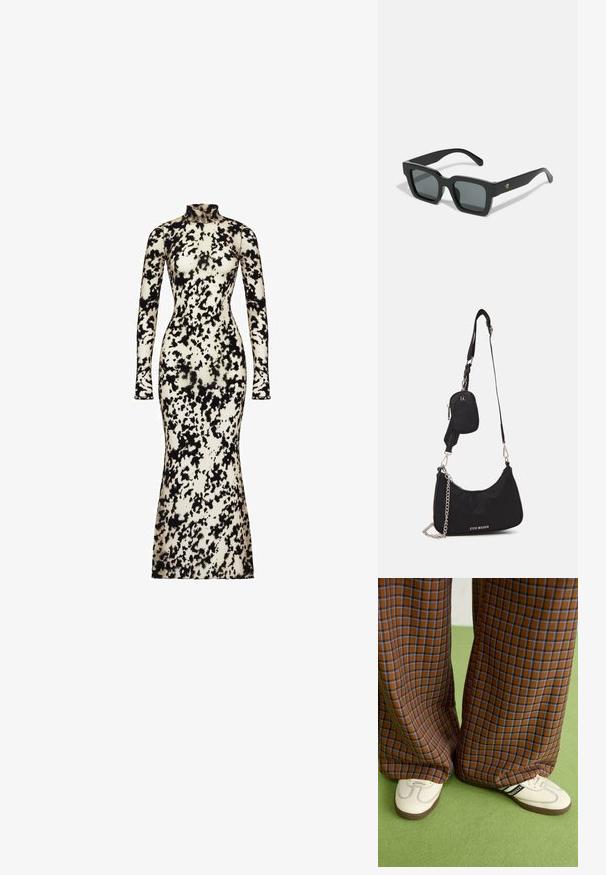 Długa, dopasowana sukienka z długim rękawem, wykonana z gładkiego materiału, w czarno-kremowy abstrakcyjny wzór, z wysoką szyją i rozkloszowanym dołem.; Brązowo-niebieskie spódnice w kratę o szerokich nogawkach zestawione z białymi butami z czarnymi akcentami i teksturowaną podeszwą, na tle zielonego tła.; CHPO MAX UNISEX czarny; Czarna nylonowa torba na ramię o zaokrąglonym kształcie, z akcentem w postaci srebrnego łańcucha, odczepianą mini kieszonką i regulowanym paskiem; z logo "Steve Madden".