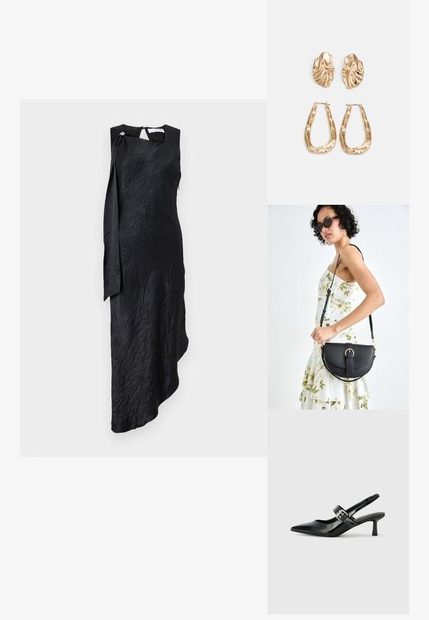 Fekete, ujjatlan ruha texturált anyagból. Aszimmetrikus szegélye van, és az oldala egy díszes csattal rögzített drapériával van ellátva. Hátul cipzárral záródik.; Fekete lakkbőr slingback sarkú cipők hegyes orral és kis blokk talppal, ezüst csat díszítéssel a pánton.; Fekete bőrtáska ívelt formával, levehető pánttal és arany színű fémrészekkel. A táskán egy csattal díszített fedél található.; Aranyszínű fülbevalók, texturált, hullámos formákkal. Tartalmazza a szobrászati klipszes studokat és az open hoop kialakítást, kalapácsos felülettel.