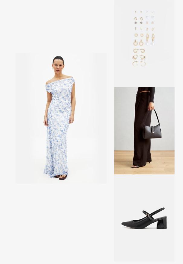Modré maxi šaty s kvetinovým vzorom, bez ramienok, vyrobené z prúdiacej látky, s hladkou textúrou a priliehavým strihom.; Čierne lakované kožené lodičky so slingback dizajnom, špicatou špičkou, zaobleným výrezom a blokovým podpätkom. Obsahuje akcent zlatého tónu s prackou.; Čierna kabelka so štruktúrovaným tvarom, hladkou textúrou a kovovou sponou. V kombinácii so širokými čiernymi nohavicami a sandálmi s otvorenou špičkou na drevenej podlahe.; Súprava náušníc v zlatom odtieni obsahujúca rôzne dizajny, vrátane puzetových, kruhových a visiacich kúskov s perlami a rhinestones.