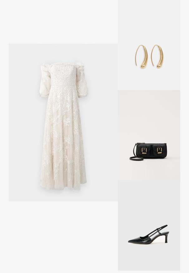 Rochie lungă, cu umerii la vedere, de culoare crem, cu broderie florală texturată, mâneci bufante și o fustă fluidă care atinge podeaua.; Pantofi cu toc slingback negri din patent, cu vârf ascuțit, cu imprimeu de șarpe texturat, curea ajustabilă și toc scurt texturat.; Geantă neagră din piele, tip crossbody, cu două buzunare frontale, catarame aurii, închidere cu fermoar și o curea subțire. Suprafață texturată și formă rectangulară compactă.; Cercei din metal auriu, cu un design curbat și alungit. Au o suprafață netedă și strălucitoare, cu un vârf rotunjit pentru un detaliu suplimentar.