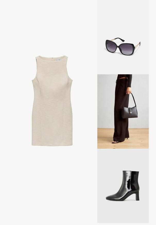 Rochie scurtă fără mâneci, de culoare crem deschis, din țesătură texturată, cu o formă fit și un croi drept. Include un fermoar la spate pentru închidere.; Botine negre din piele lacuită, cu vârful ascuțit și toc bloc de înălțime medie. Textură netedă și design minimalist.; Ochelari de soare negri, supradimensionați, cu lentile degradate, rame groase și detalii cu lanț de ton auriu pe brațele templului.; Genți negre cu o formă structurată, textură netedă și un închizător metalic. Asortată cu pantaloni negri largi și sandale cu vârf deschis pe un podea din lemn.