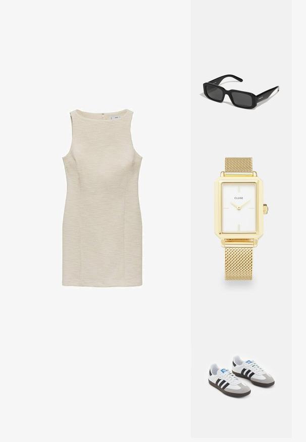 Kortshelløs kjole i lys cremefarve, tekstureret stof, tætsiddende form og lige snit. Inkluderer en lynlås i ryggen til lukning.; Sportsko med en overdel i hvid læder, grå ruskind på tåen og tre sorte striber. Har et blåt logo på tungen og en struktureret gummisål.; Arnette THEKIDD UNISEX - Solbriller - black; Guldfarvet rektangulært ur med en hvid urskive, minimalistiske timeindikatorer og et nettet metalarmbånd. Har en sidekrone til justering af tiden.