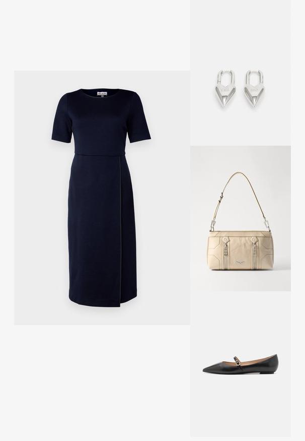 Mørkeblå kjole med rund halsudskæring, korte ærmer og en tætsiddende silhuet. Har en sideslids og kontrasterende kant langs sømmen.; Sorte læder balletflade med spids tå og en side rem med et rundt guldaccent. Letvægts med en flad sål.; Beige lædertaske med sølvhardware, to sidelommer med lynlås, struktureret design og en aftagelig rem for alsidighed.; Sølv hjerteformede hængelåse med indgraveret "JA" og "NEJ" tekst, poleret finish, symmetrisk design og en robust metalklap.