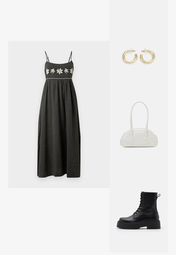 Maxi šaty v tmavě šedé barvě s nastavitelnými špagetovými ramínky, vyšívaným květinovým vzorem v bílé barvě a s nařaseným pasem pro vzdušný siluetu.; Černé kožené kotníkové boty s kulatou špičkou, šněrováním na přední straně a silnou gumovou podešví s texturovaným vzorkem. S poutkem vzadu.; Even&Odd Kabelka - off-white; Zlaté kruhové náušnice s hladkým, lesklým povrchem. Kruhový design s malým kolíčkem a průhledným záznamem pro bezpečné nošení.