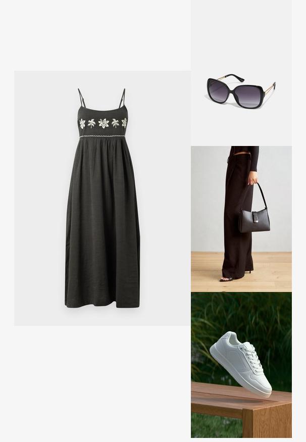 Maxikjole i mørkegrå med justerbare spaghetti-stropper, broderet blomstermotiv i hvid og en indsnørende talje for en let og feminin silhuet.; Hvid sneaker med en glat syntetisk overdel, perforeret tåboks, flade snørebånd og en tekstureret sål, præsenteret på en træoverflade.; Sorte oversized solbriller med gradientlinser, tykke stel og guldfarvet kæde detaljer på tempelarmene.; Sort håndtaske med struktureret form, glat overflade og metalspænde. Sammen med brede sorte bukser og sandaler med åben tå på trægulv.