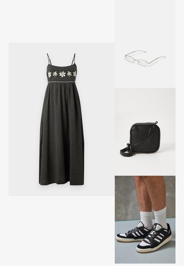 Abito lungo grigio scuro con spalline regolabili, design floreale ricamato in bianco e vita arricciata per una silhouette fluida.; Sneaker bianco e nero con tomaia in suede e pelle, caratterizzati da tre strisce bianche, punta perforata e suola in gomma naturale.; Occhiali ovali con una montatura in metallo argentato, lenti trasparenti e decorazioni sui templi in perline texturizzate. Design leggero con bracci curvi.; Borsa a tracolla nera realizzata in materiale sintetico testurizzato. Presenta un design con logo inciso e una tracolla regolabile. Chiusura con zip.