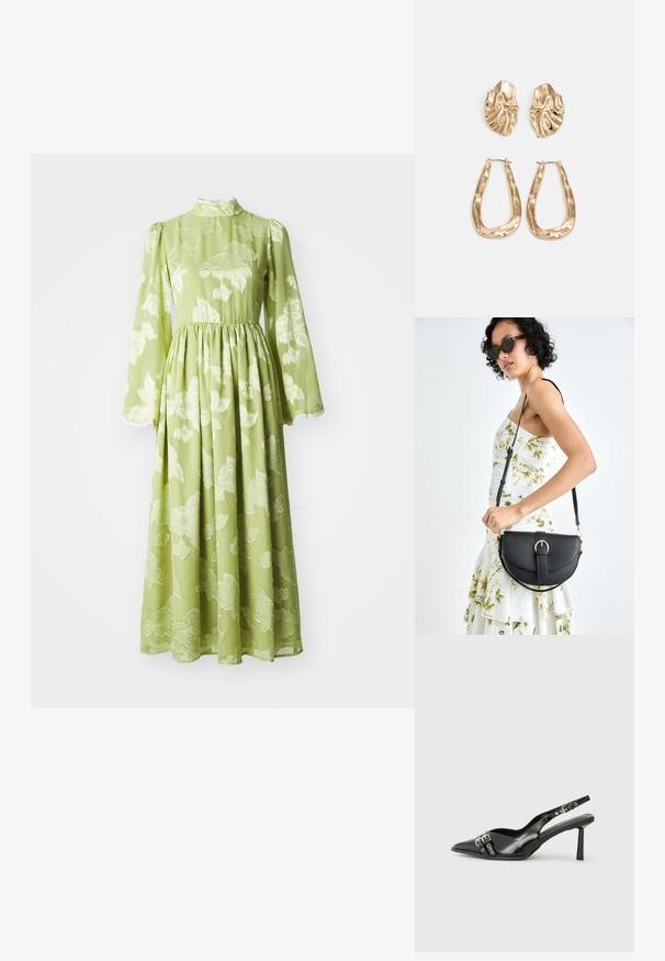 Vestido verde longo com cintura bem ajustada, gola alta e mangas longas. Apresenta um padrão floral em relevo e tecido transparente. Silhueta fluida.; Sapato slingback preto em pele patentada com bico apontado, tiras no tornozelo apresentando fivelas e acessórios prateados, e um salto elegante.; Bolsa de couro preta com forma curva, alça destacável e detalhes em dourado. A bolsa possui uma aba com detalhe de fivela.; Brincos em tom de ouro com formas onduladas e texturizadas. Inclui studs escultóricos com presilha e um design de argola aberta com um acabamento martelado.