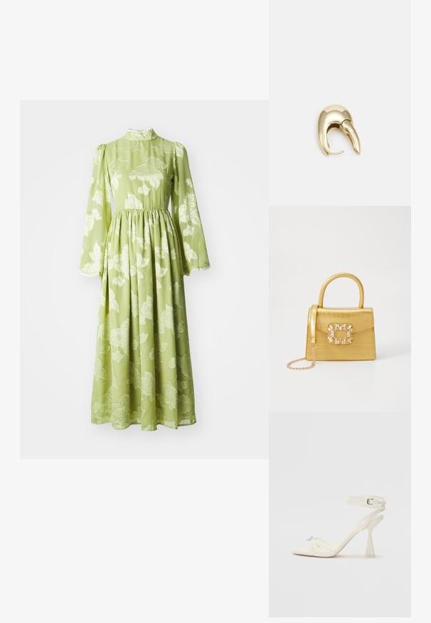 Pikk roheline kleit, millel on vormitud talje, kõrge kaelus ja pikad varrukad. Tootel on lilleline reljeefne muster ja läbipaistev kangas. Voogav siluett.; Köitmine kõrge kontsaga sandaal valgest nahast, millel on stiilne disain, läbipaistev plokk-konts ja dekoratiivne element varvaste juures.; Kollane faux-krokodilli käsipindaga kott, millel on struktureeritud disain, ülemine käepide, eemaldatav kettmass ja dekoratiivne kristallkaunistus klambril.; Kuldtooni metallist kõrvarõngas, millel on elegantne ja kaarjas disain. Omab silmapaistvat teravat kuju, poleeritud pinda ja hingesulgemist.