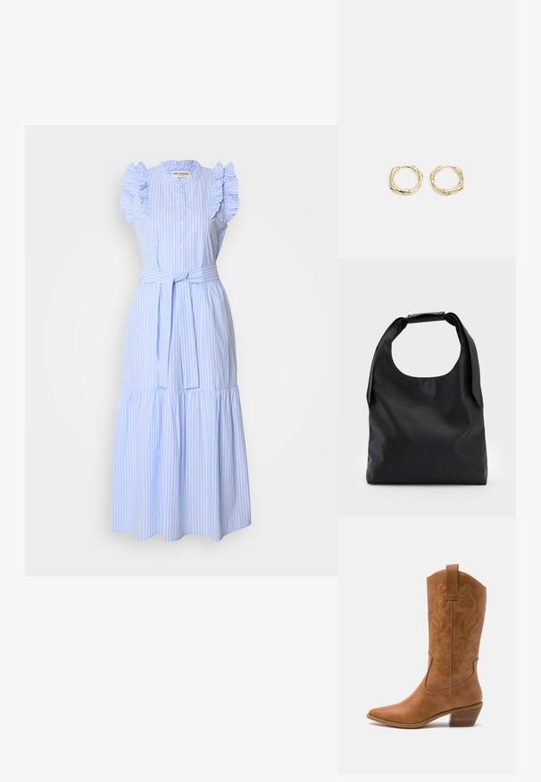 Vestido listrado azul claro com mangas curtas franzidas, fecho de botões à frente, cintura cingida e um design de saia em camadas. Feito de um tecido suave.; Bota de cowboy em couro cáqui com bico pontiagudo, padrões de bordado em espiral no cano e um salto em bloco empilhado. Inclui uma alça para fácil calçar.; Saco hobo de couro preto com uma única alça suave e arredondada; apresenta uma textura suave e um design minimalista. Sem hardware ou acabamentos visíveis.; Brincos de argola dourados com um formato irregular e texturizado. Apresentam um fecho sem emenda e um acabamento polido, destacando um design moderno.