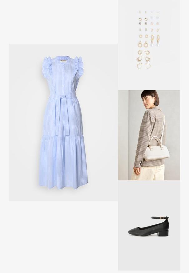 Rochie albastră deschis cu dungi, cu mâneci scurte volănaș, închidere cu nasturi la față, talie cu cureaua și un design cu fuste în straturi. Fabricată dintr-un material moale.; Pantof cu toc negru din piele, cu vârf ascuțit și toc mic pătrat. Dispune de o curea la gleznă cu o cataramă în tonuri de aur. Textură netedă.; Geantă structurată albă, cu mânere scurte și curea de umăr, având accente din metal aurit și material texturat, expusă pe un fundal gri.; Set de cercei aurii, cu diverse designuri, inclusiv cercei tip stud, cercei hoop și cercei lungi cu perle și strassuri.