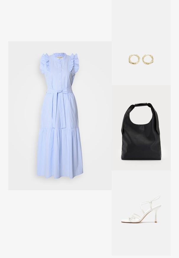 Vestido listrado azul claro com mangas curtas franzidas, fecho de botões à frente, cintura cingida e um design de saia em camadas. Feito de um tecido suave.; Sandália de salto alto branca com tiras, base plana nos dedos, frente texturizada com detalhes franzidos e uma tira fina para o tornozelo.; Mala preta de couro com um grande topo aberto e uma única alça para o ombro. Textura macia, design minimalista, apresenta detalhes de ferragens discretos.; Brincos de argola dourados com um formato irregular e texturizado. Apresentam um fecho sem emenda e um acabamento polido, destacando um design moderno.