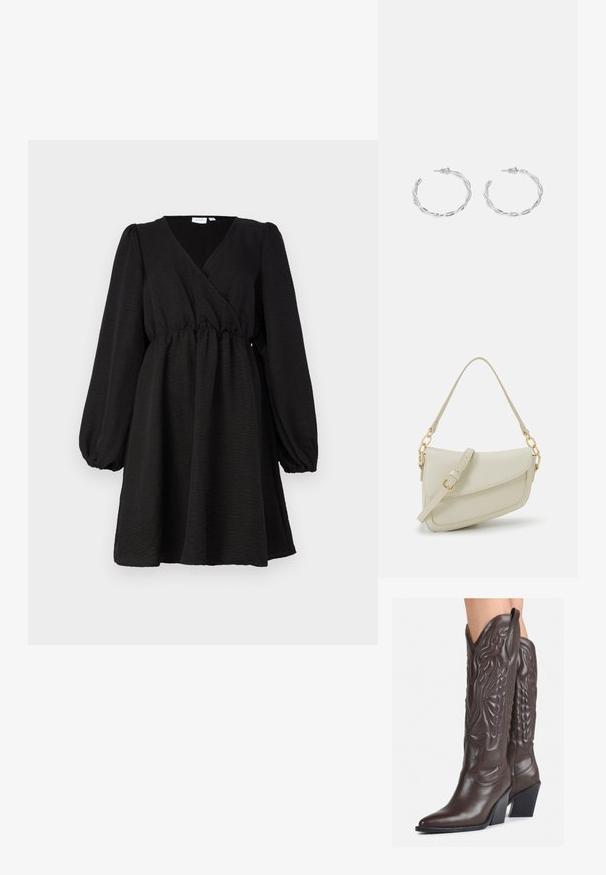 Črna obleka s srajčastimi rokavi in dolgimi pufastimi rokavi, z zloženim pasom in tekočim krilom. Narejena iz teksturiranega blaga za subtilne detajle.; Rjave usnjene kavbojske čevlje z ostrim nosom in blok peto, ki vsebujejo podrobno šivanje in dvignjene dodatke na zgornjem delu.; Mala kremna torbica z teksturiranim zaključkom, dolgim nastavljivim trakom, verižnim poudarkom in zapiranjem na poklop. Detajli iz zlatega kovinskega materiala.; Srebrni uhani v obliki obročka s spiralnim dizajnom, ki imajo sijajno površino in zapiralo na zadnji strani. Mere znašajo približno 3 cm v premeru.