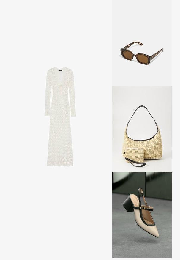 Mango JANE - Rochie maxi - off-white; Pantof divers în nuanță bej, cu vârf ascuțit, curea de susținere în spate, cu margine neagră, cataramă aurie și toc gros pe un podea gri, cu un fundal verde închis.; Ochelari de soare cu chelă de broască țestoasă, având un cadru rotund și voluminos, cu lentile maro. Prezintă modele subtile și brațe drepte, conice.; Geantă din paie țesută, cu o siluetă curbată, având o curea din piele neagră netedă și un plic mic asortat, atașat printr-un breloc pentru încheietură.