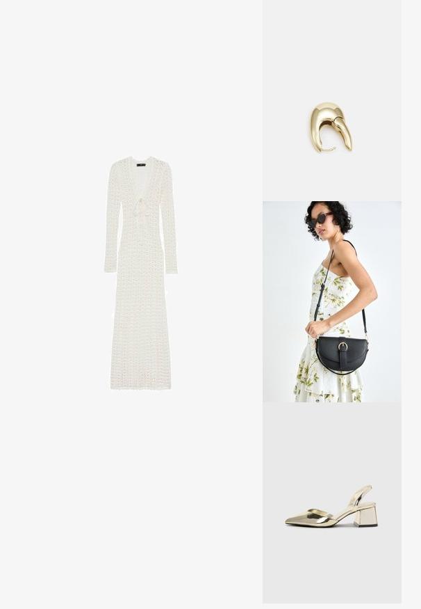 Mango JANE - Velika haljina - off-white; Zlatni metalik slingback sandali s šiljatim vrhom i debelim potpeticama. Glatka tekstura, minimalistički dizajn i uski remen.; Crna kožna torba s lukovitim oblikom, odvojivim remenom i zlatnim detaljima. Torba ima preklop s kopčom.; Zlatne metalne naušnice s elegantnim, zakrivljenim dizajnom. Imaju karakterističan šiljast oblik, poliranu površinu i zatvaranje na šarku.