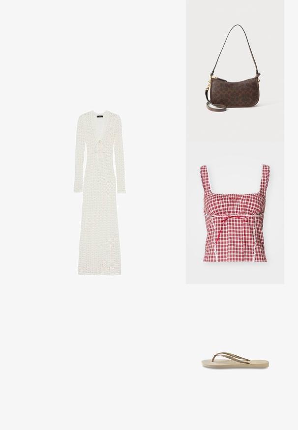 Mango JANE - Dolga obleka - off-white; Rdeča in bela karirana bluzka s kvadratnim dekoltejem, z nabranim dizajnom, nastavljivo rdečo vrvico in belimi čipkastimi nakrajšami ob robovih.; Svijetlosmeđi japanke s teksturiranim uloškom, ravnim potplatom i tankim sjajnim trakama. Ima suptilan brend na traci.; Rjava usnjena torba za ramo z okroglim vzorcem, ukrivljeno silhueto, zlatim kovinskim delom in snemljivim trakom za vsestransko nošenje.
