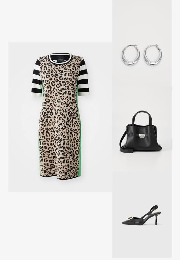 Leopardi mustriga kleit lühikeste triibuliste varrukatega must-valges, millel on rohelised lisad külgedel ja ümmargune kaelus. Pehme, tekstureeritud kangas.; Must musta slinga-seljak, terav varvas, peen kont ja kuldse tooni aksessuaar vampiiril. Sile tekstuur ja struktureeritud disain.; Mustmust kott, millel on tekstuuriga viimistlus, sisaldab kahte ülemist kättehaaret, eemaldatavat õlarihma ja hõbedast luku detaili.; Polished hõbedased kuplikuulidega kumerad kõrvarõngad, millel on hingedega klambrid, valgel taustal.