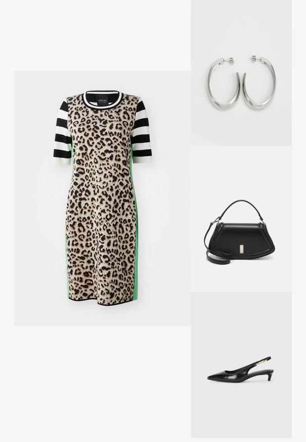 Robe imprimée léopard avec des manches courtes rayées en noir et blanc, présentant des accents latéraux verts et un col rond. Tissu doux et texturé.; Talons hauts en cuir noir avec un bout pointu, dotés d'un talon fin et d'un accent en ton or sur la lanière réglable. Texture lisse.; Sac à main en cuir noir avec un design structuré, featuring une forme cropped, une poignée supérieure et des accents en matériel doré. Bandoulière réglable incluse.; Boucles d'oreilles en argent avec un design lisse et courbé. Présentent une finition métallique brillante et une fermeture à clou. Pas de motifs ou d'accents visibles.